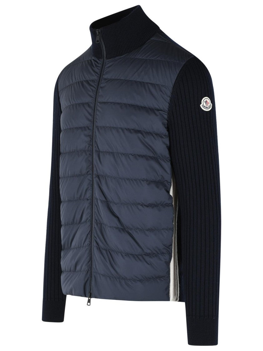 Moncler Padded Virgin Wool Cardigan With Zip Navy Blue