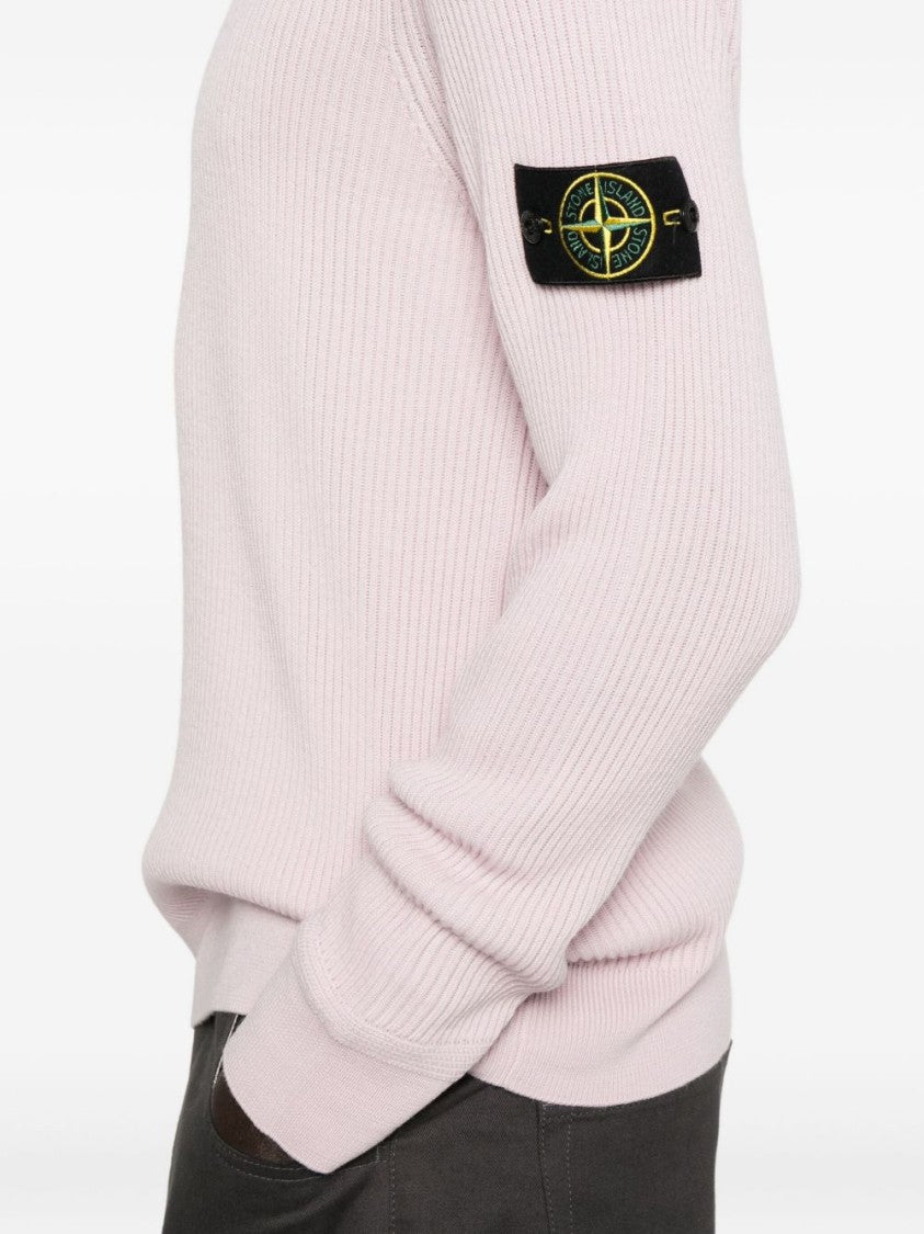 Stone Island Ribbed Virgin Wool Crew Neck Sweater With Logo Badge