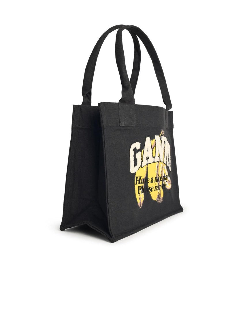 Ganni Large Banana Print Bag In Black Cotton