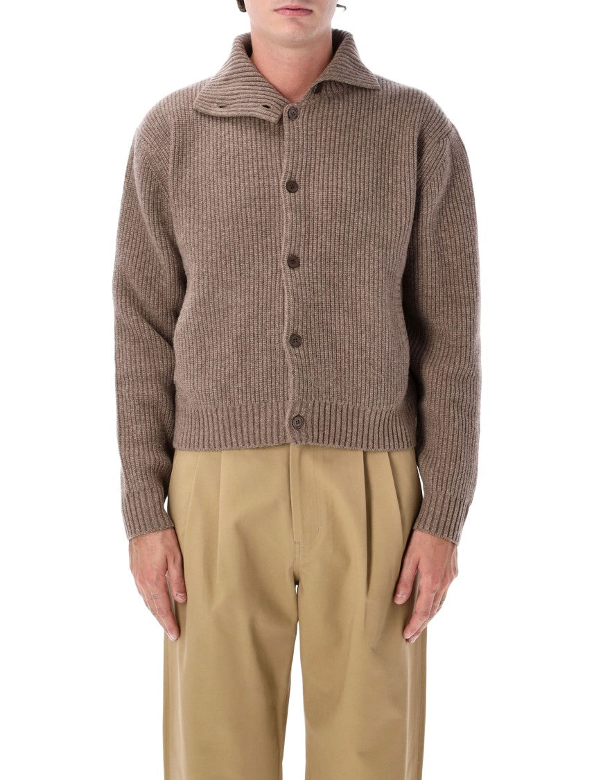 Tonywack Brown Ribbed High-Neck Button-Up Knit Cardigan