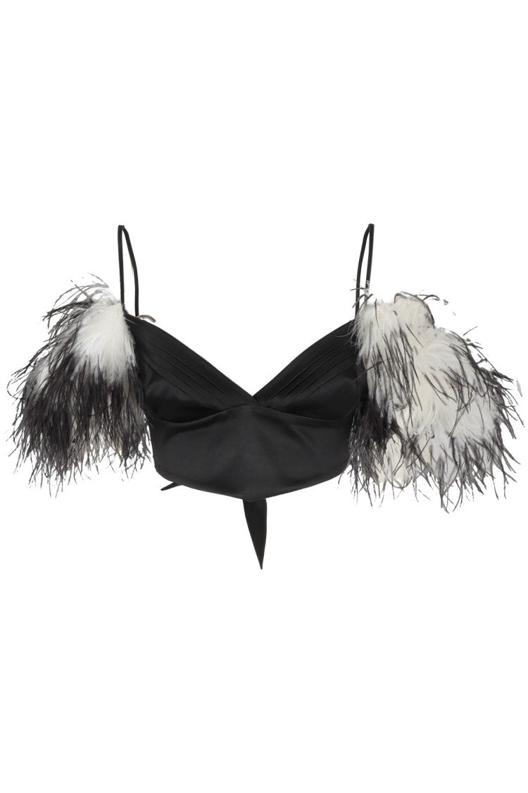 Verguenza Clio Black Silk Top With Feather Detailing