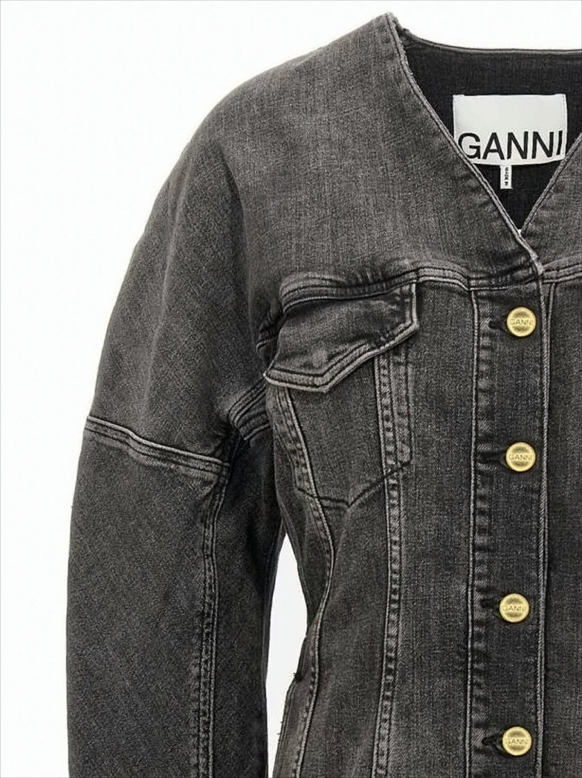Ganni Structured V-Neck Denim Jacket With Gold-Tone Accents