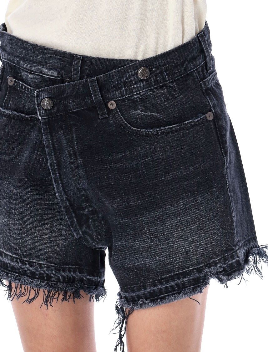 R13 Crossover Distressed Denim Fringe Shorts