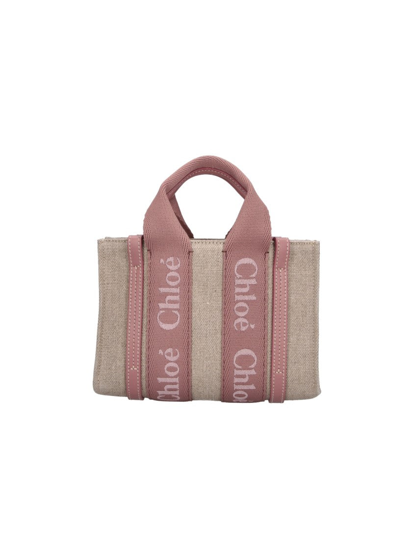 Chloé Textured Beige Structured Bag With Dusty Pink Straps