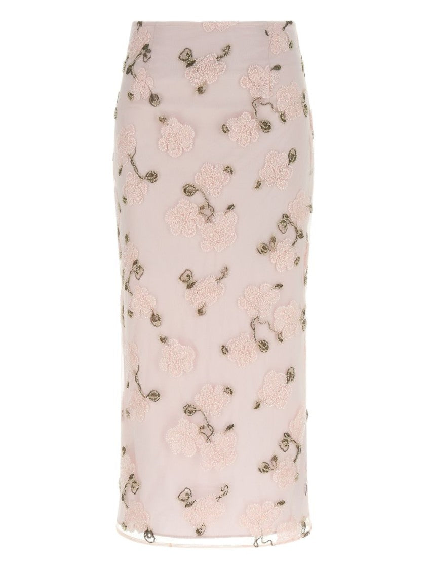 Rotate Floral-Embroidered Midi Skirt With Sheer Finish
