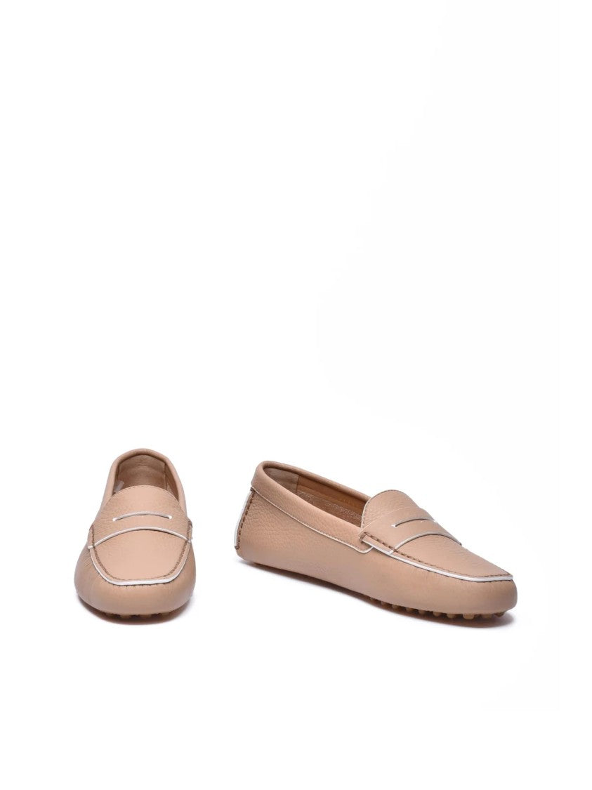 Santoni Beige Hammered Leather Rubber Women's Hammered Loafer