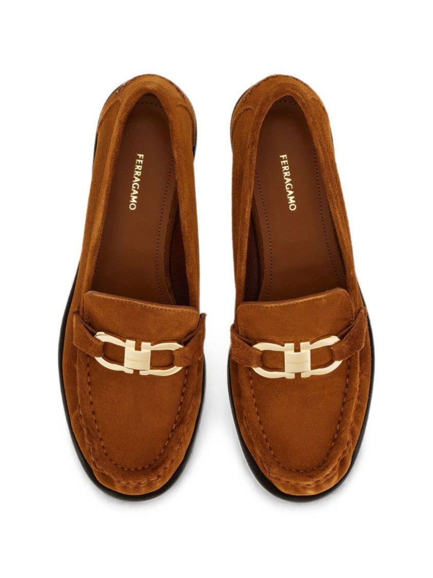 Ferragamo Moccasin-Style Gold-Accent Suede Flats