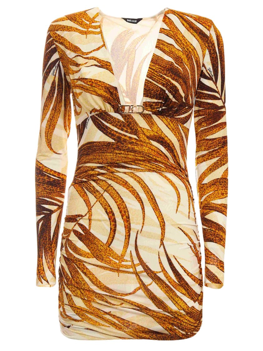 Just Cavalli Tropical Print Fitted Stretch Viscose Dress With Curved Hem