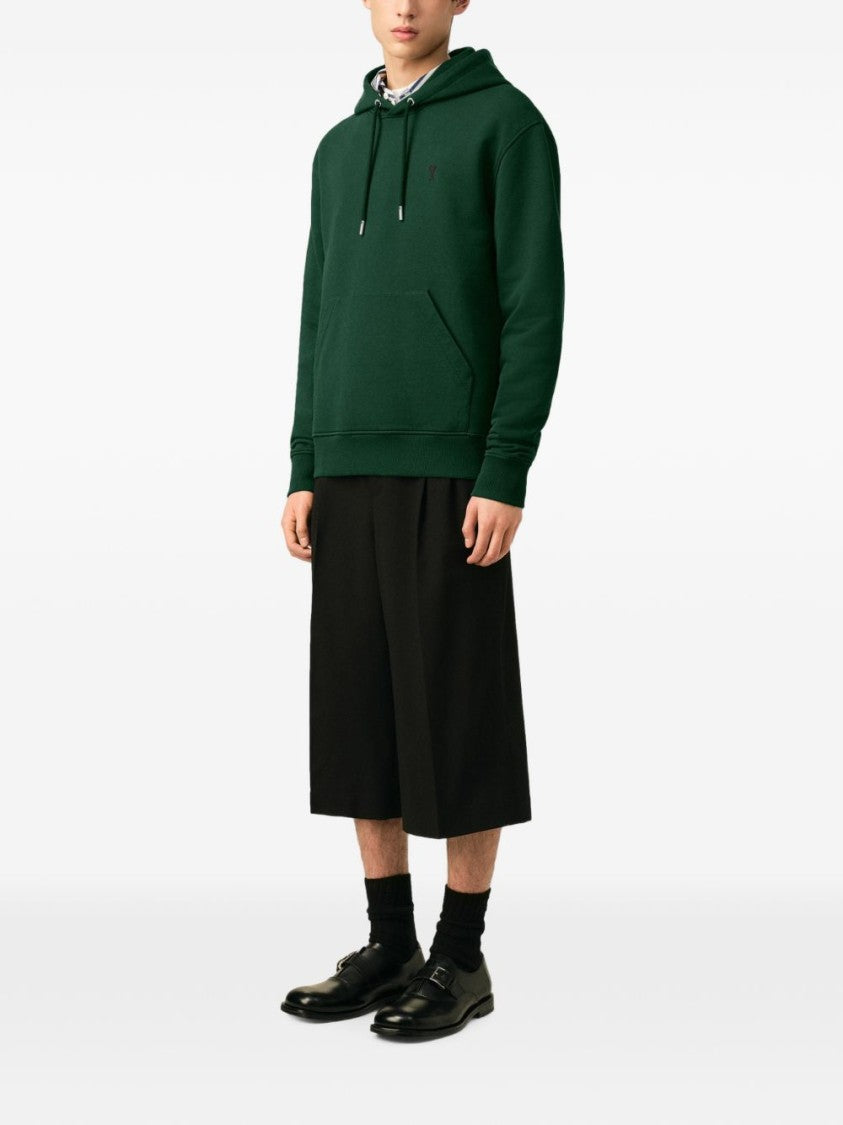 Ami Paris Deep Green Pullover Hoodie With Adjustable Drawstring
