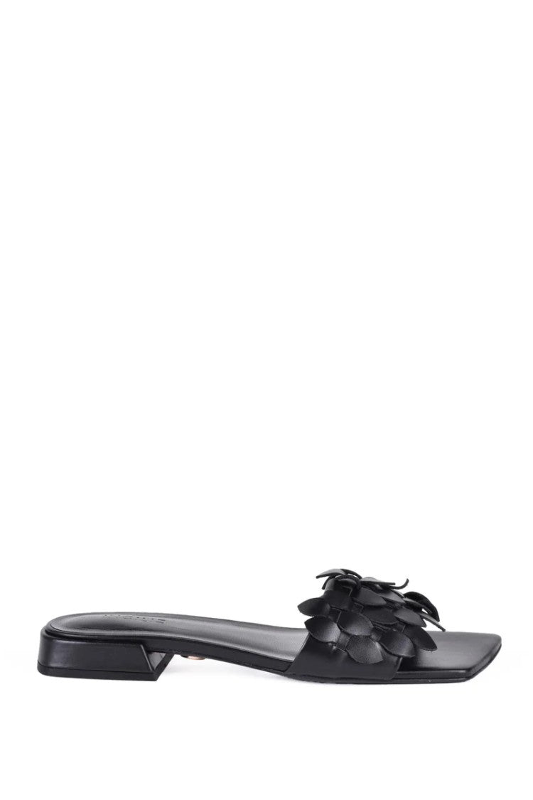 Ingiliz Black Layered Petal Leather Slide Sandals