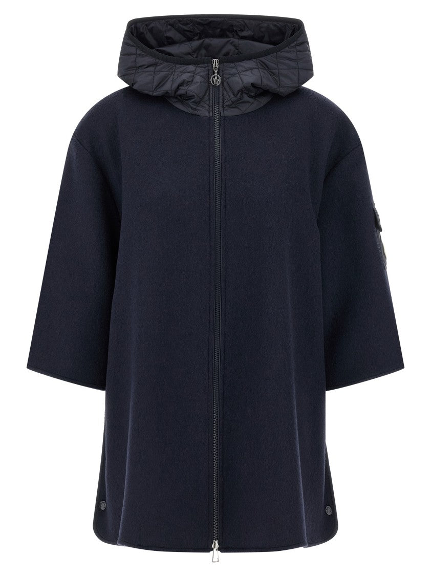 Moncler Two-Material Hooded Cape With Padded Quilted Hood