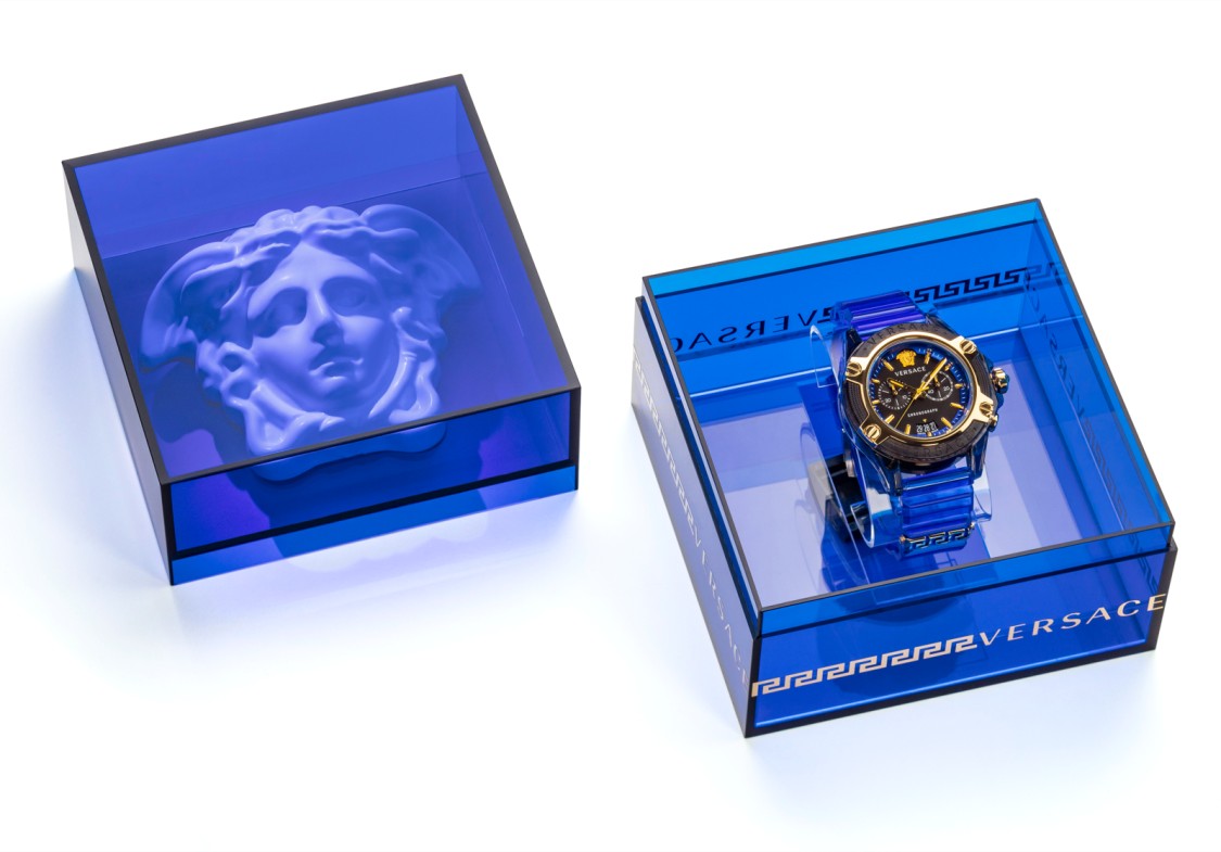 Versace Bold 44 Mm Chronograph Watch With Blue Resin Strap