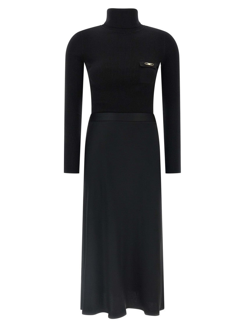 Elisabetta Franchi Ribbed Turtleneck Midi Dress With Flared Satin Skirt