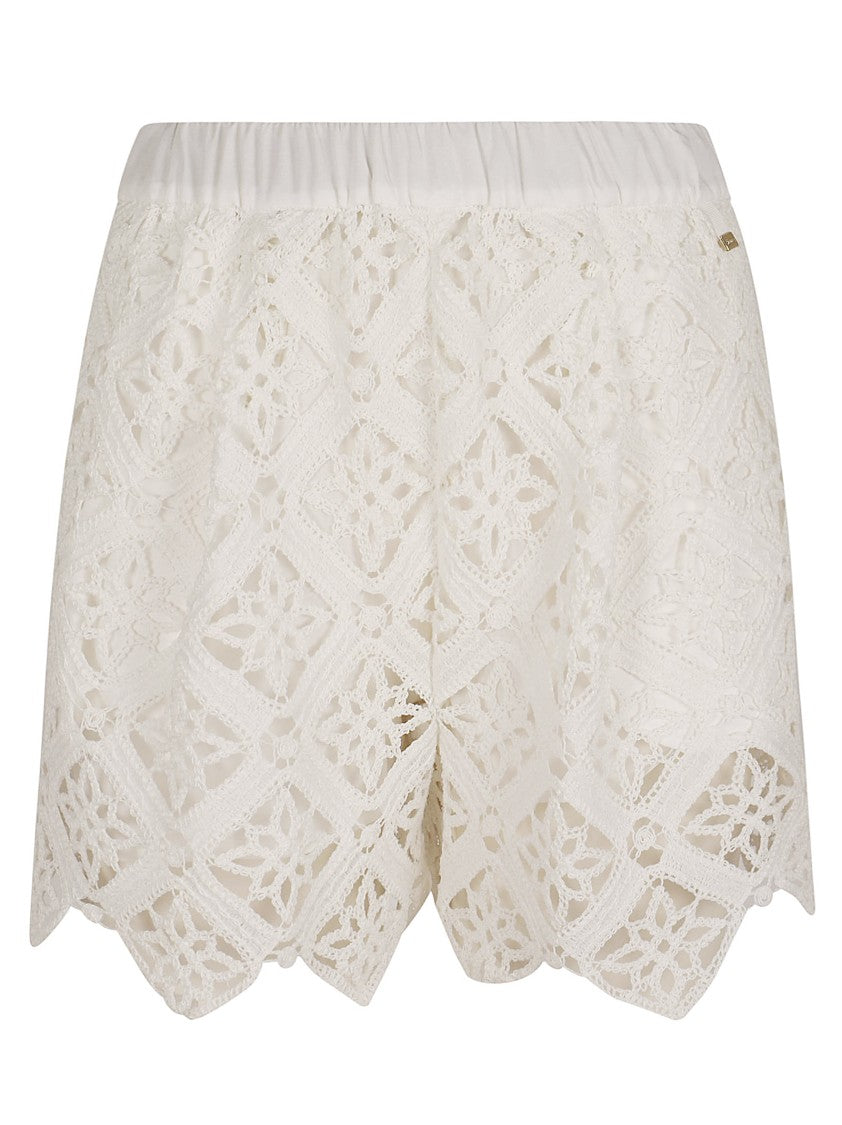 Herno Cotton Macramé Shorts With Scalloped Hemline And Elastic Waistband