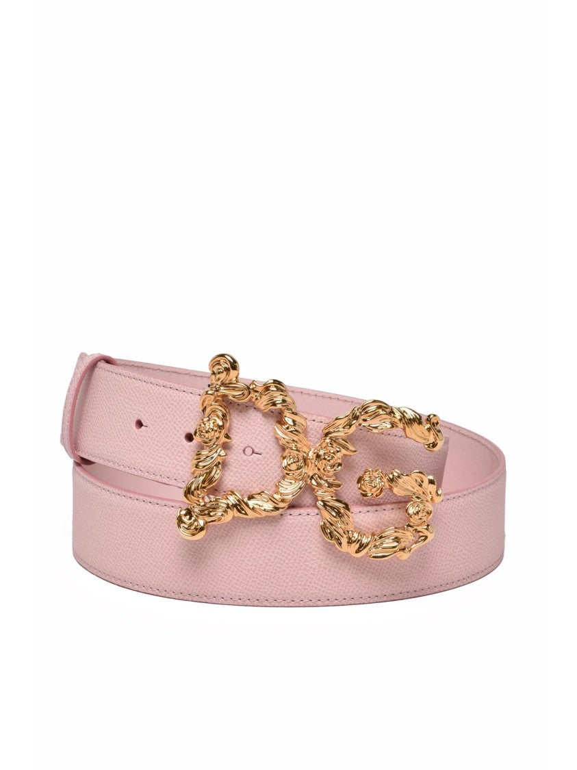 Dolce & Gabbana Pink Ornate Gold-Tone Buckle Leather Belt