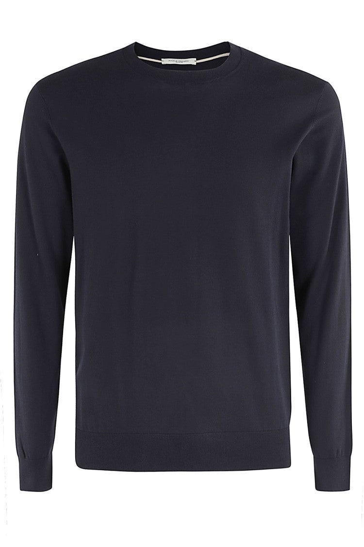 Paolo Pecora Blue Round Neck Ribbed-Trim Cotton Sweater