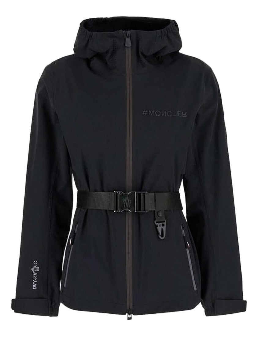 Moncler Hooded Black Jacket With Front Zipper And Adjustable Belt