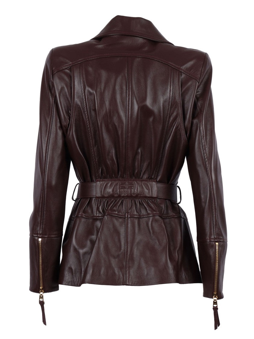 Elisabetta Franchi Fitted Leather Jacket With Belted Waist And Gold Hardware