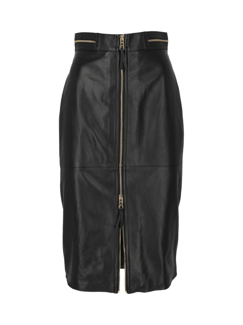 Elisabetta Franchi Fitted Black Sheepskin Leather Skirt With Front Zipper