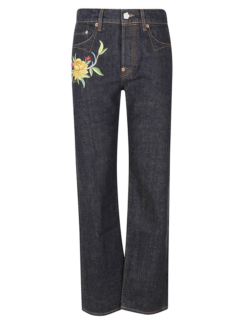 Kenzo Classic Straight-Leg Jeans With Floral Embroidery And Copper Rivets