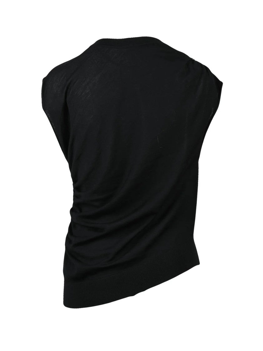 Liviana Conti Fitted Black Virgin Wool Top With Subtle Ruching