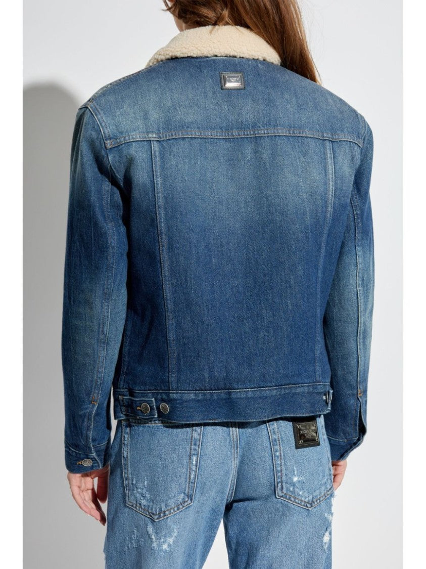 Dolce & Gabbana Faded Blue Denim Jacket With Faux Shearling Collar