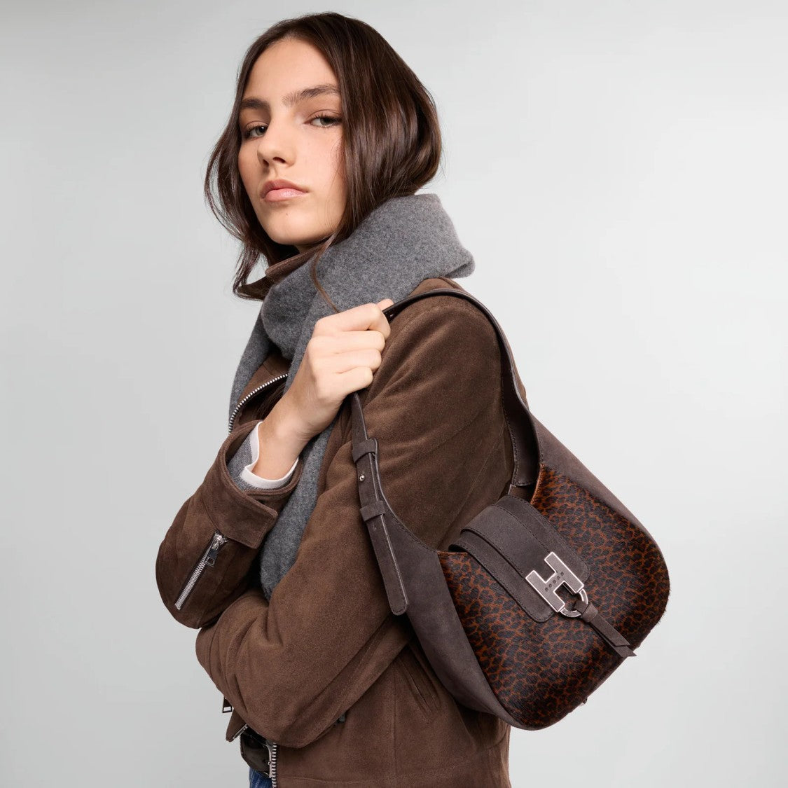 Hogan Leopard Print Suede Curved Medium Shoulder Bag