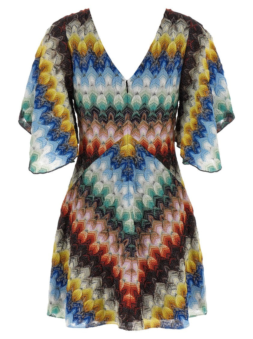 Missoni Vibrant Zigzag Pattern Mini Dress With V-Neck And Handkerchief Sleeves
