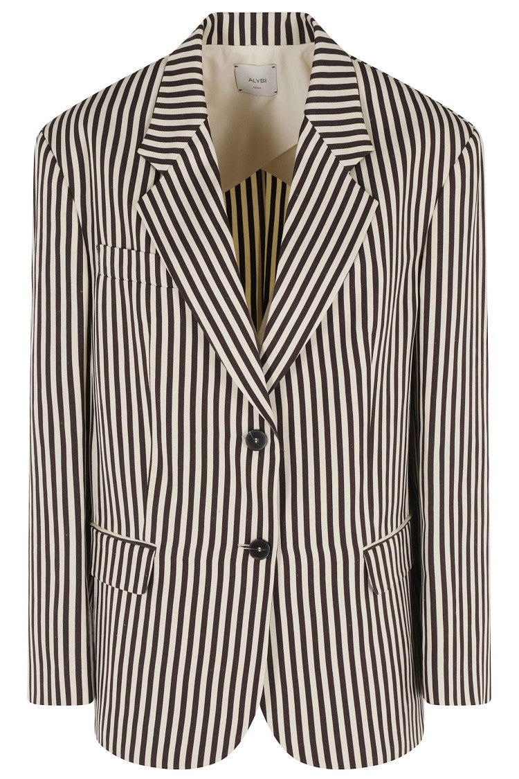 Alysi Brown Beige Striped Single-Breasted Viscose-Blend Blazer