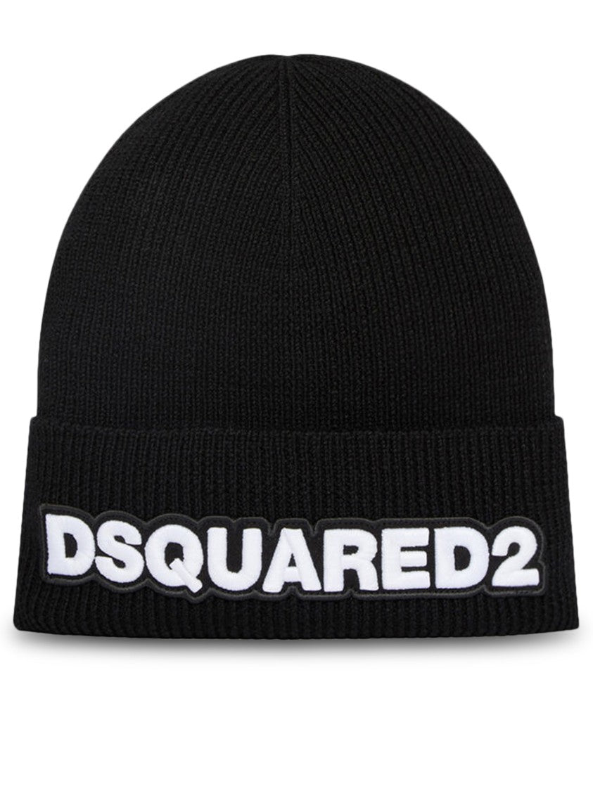 Dsquared2 Black Knitted Beanie With Raised Logo Patch