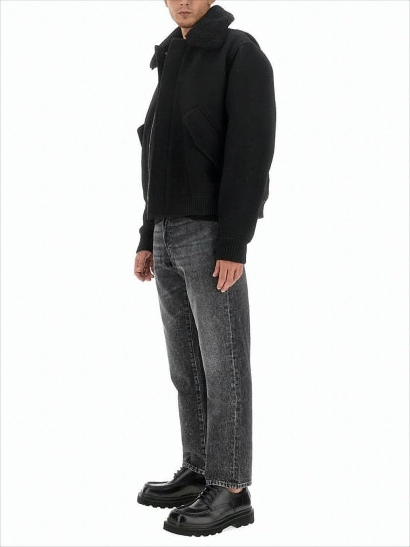 Ami Paris Cropped Black Wool Jacket With Oversized Collar