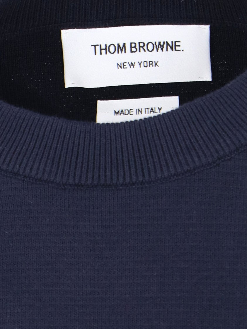 Thom Browne Navy Blue Cotton Sweater With Distinctive Four-Bar Stripes