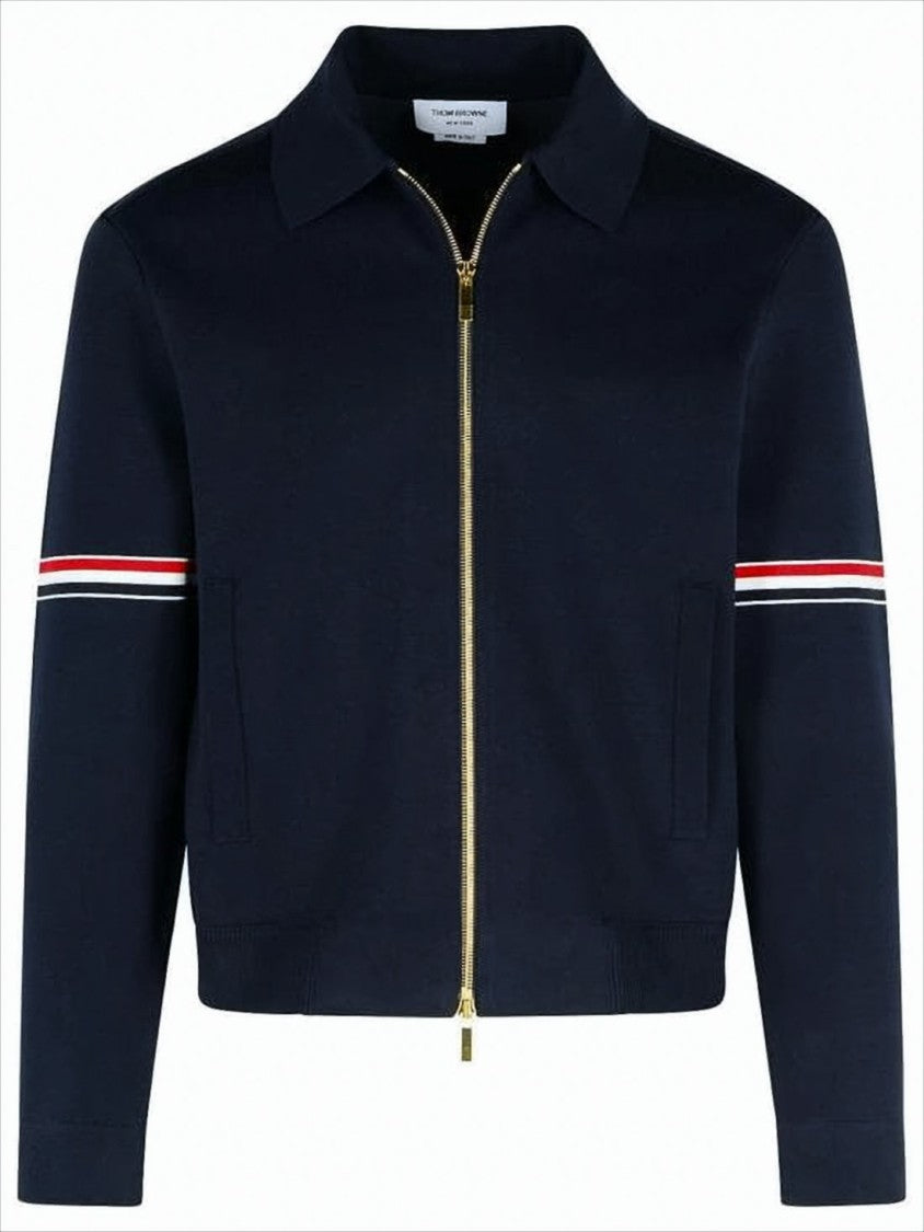 Thom Browne Navy Zip-Up Jacket With Striped Arm Bands And Gold Hardware