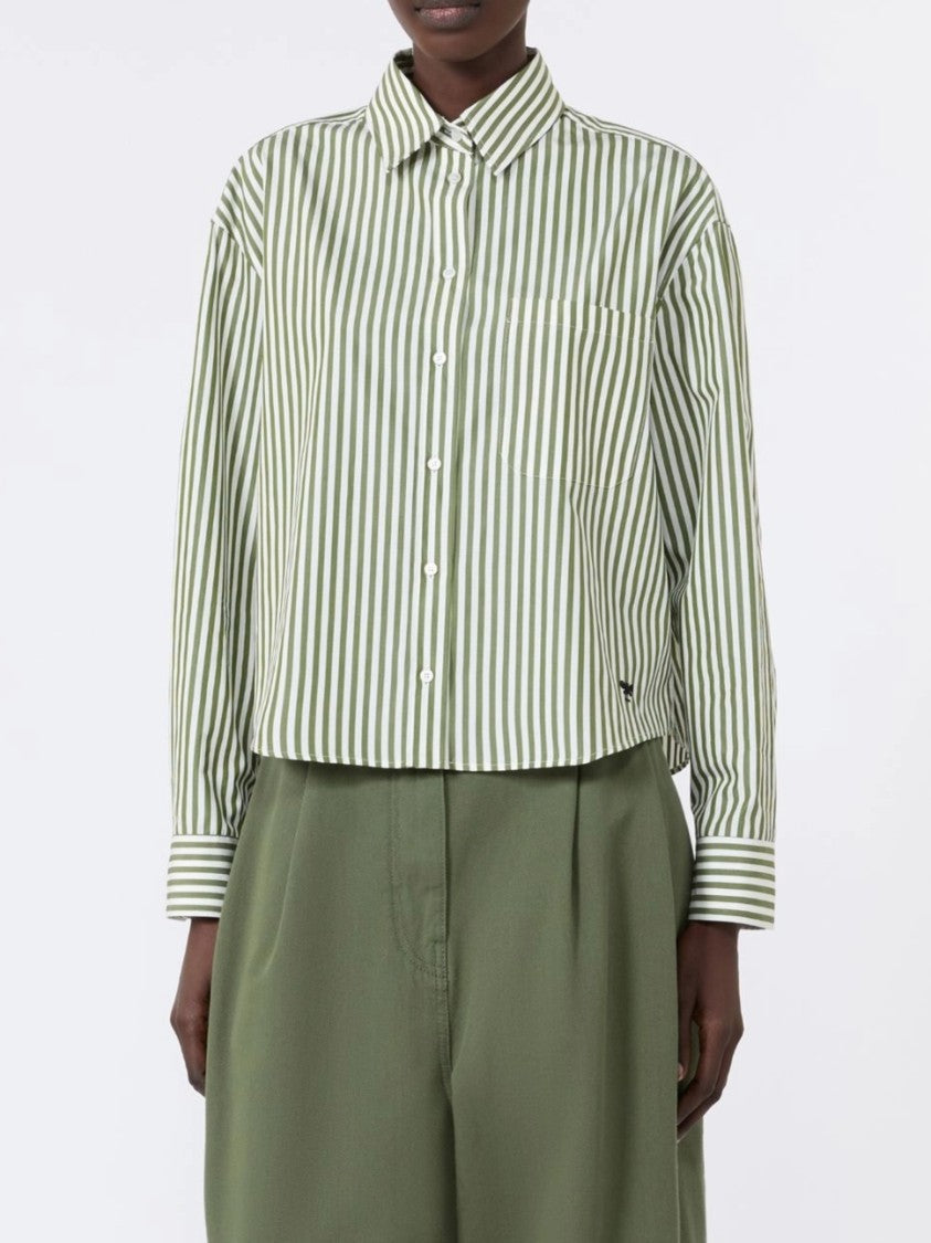Weekend Vertical Olive Green And White Striped Cropped Shirt