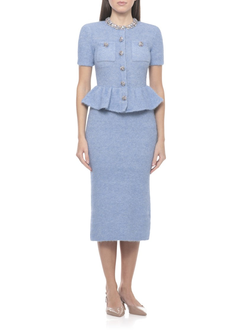 Self-Portrait Peplum Midi Dress With Rhinestone Embellishments And Button Details