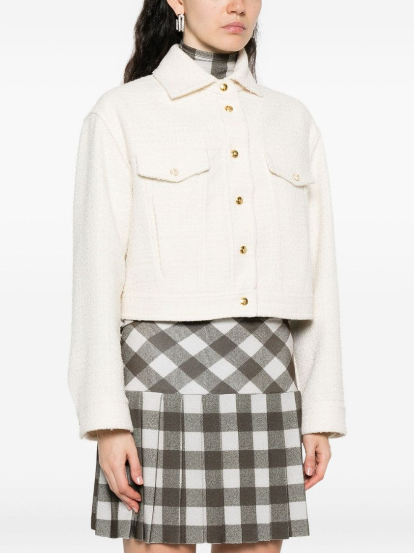 Pinko Cropped White Textured Jacket With Gold-Tone Accents