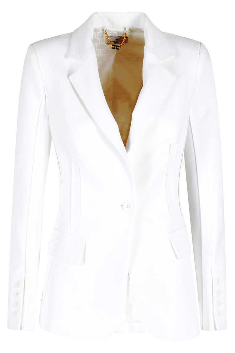Elisabetta Franchi Ivory Stretch Logo-Embroidered Single-Breasted Polyester Blazer