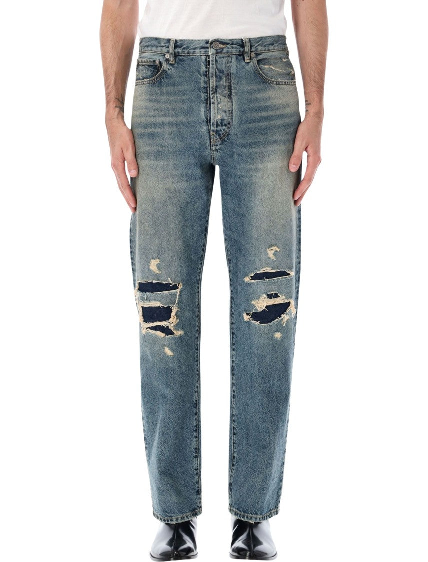 Maison Margiela Broken Distressed Cut-Off Hem Cotton Straight-Leg Jeans