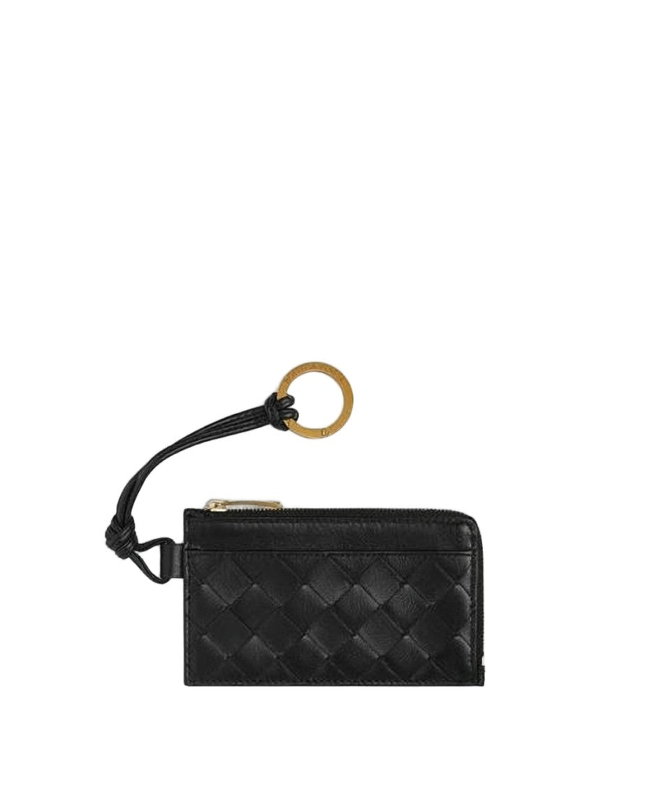 Bottega Veneta Woven Leather Card Wallet With Zip Closure