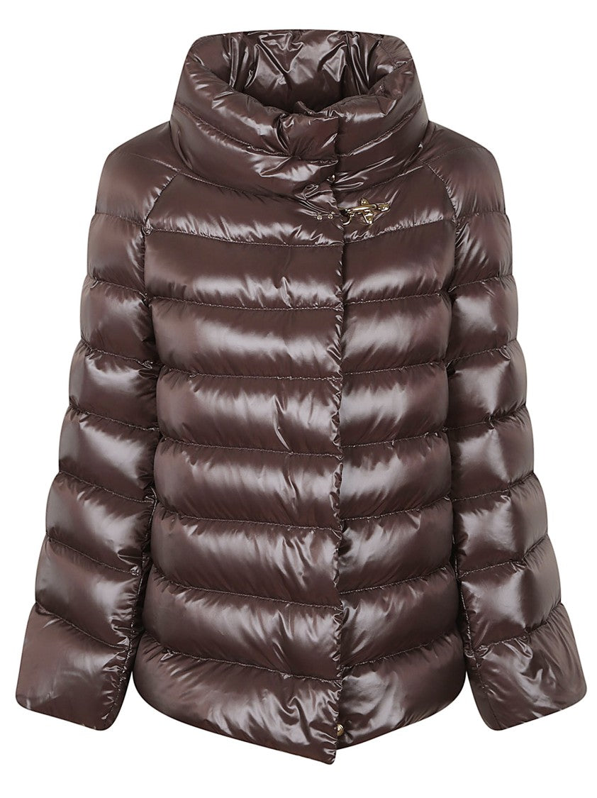 Fay Quilted Rosewood Nylon Down Jacket With Funnel Neck And Iconic Hook