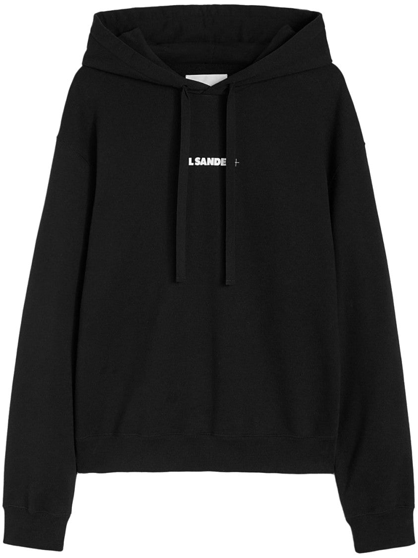 Jil Sander Relaxed Fit Black Cotton Hoodie With Logo Print