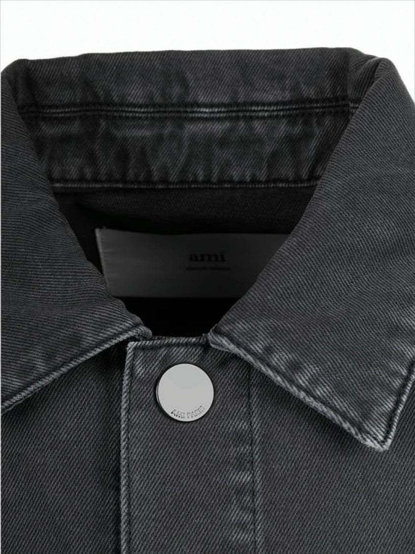 Ami Paris Cropped Denim Jacket With Classic Collar And Metallic Buttons