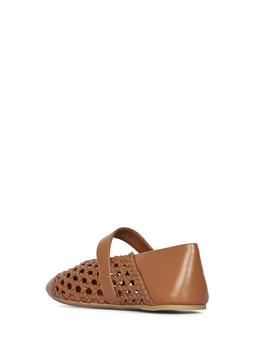 Ferragamo Pointed Toe Woven Leather Flats With Gold-Tone Detail