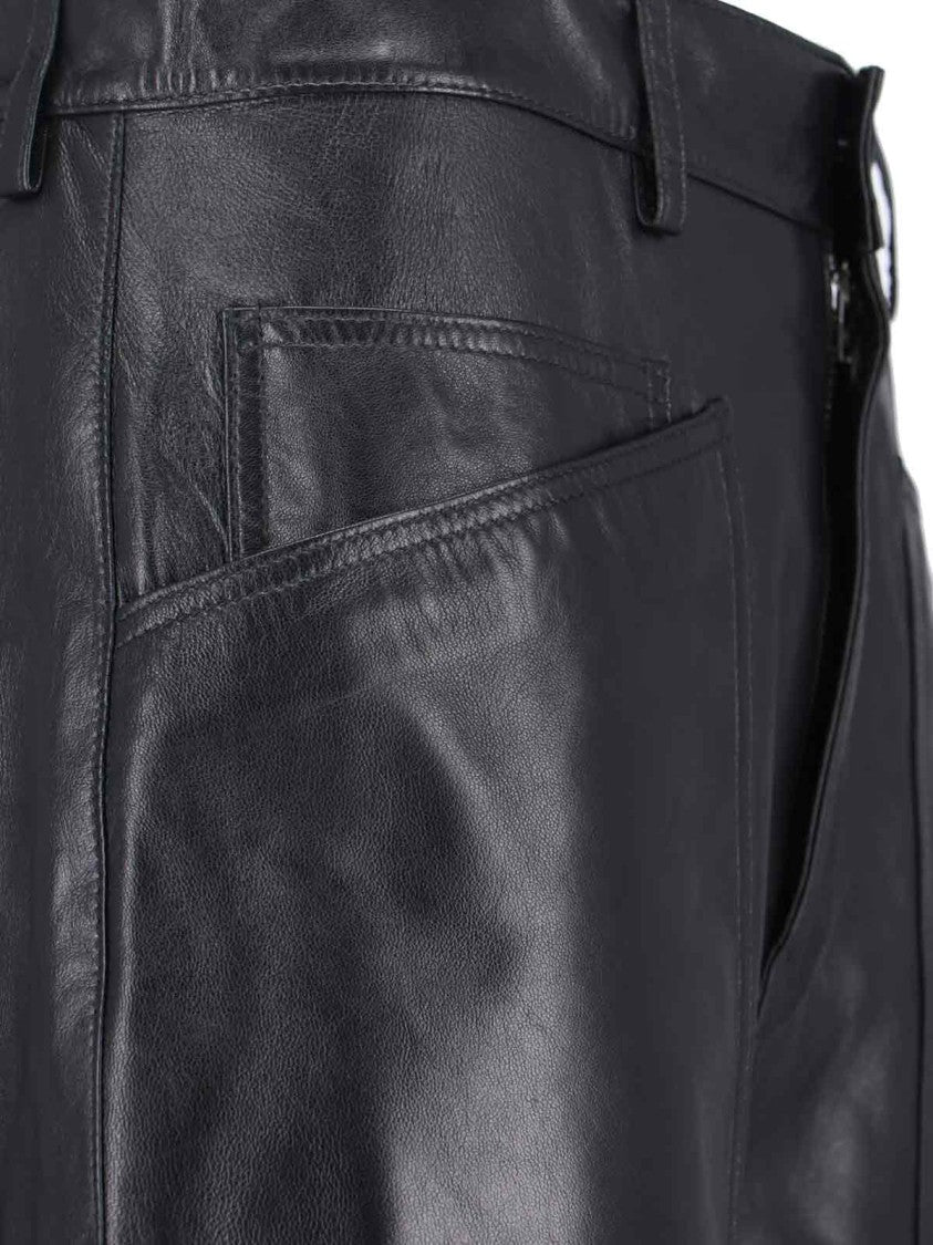 Nili Lotan "Shon" Leather Trousers, Black, Mid-Rise, Belt Loops, Button