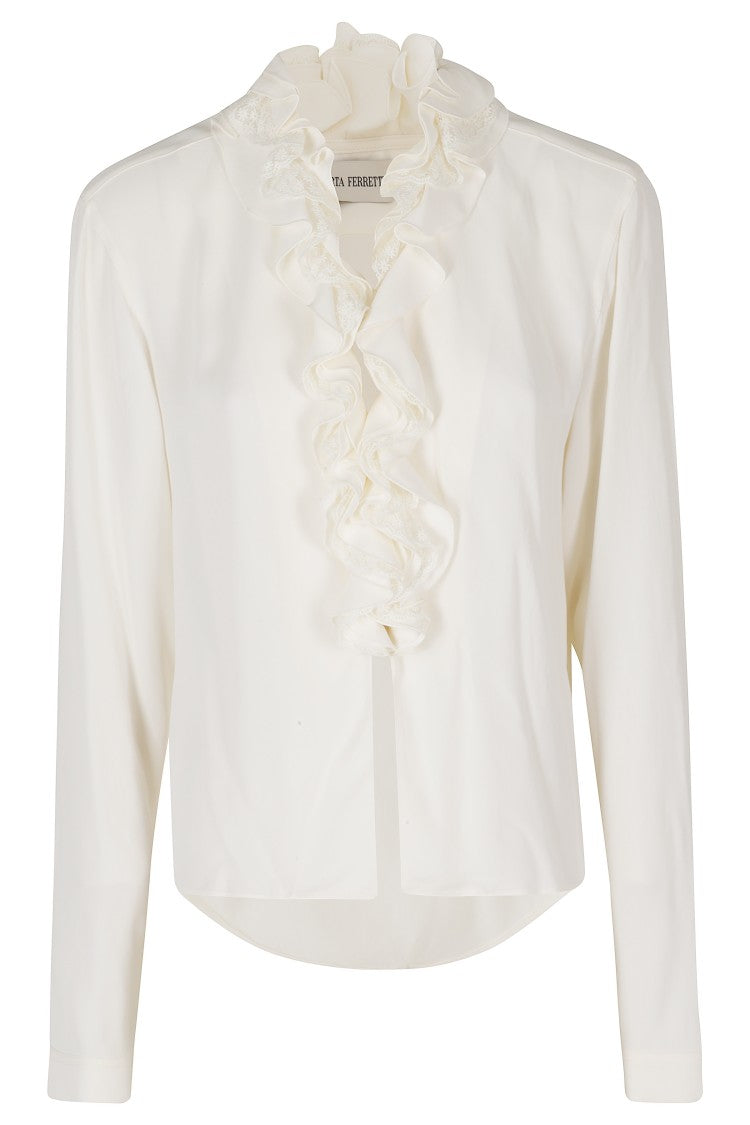 Alberta Ferretti Ivory Georgette Lace Trimmed Ruffled V-Neck Viscose Blouse