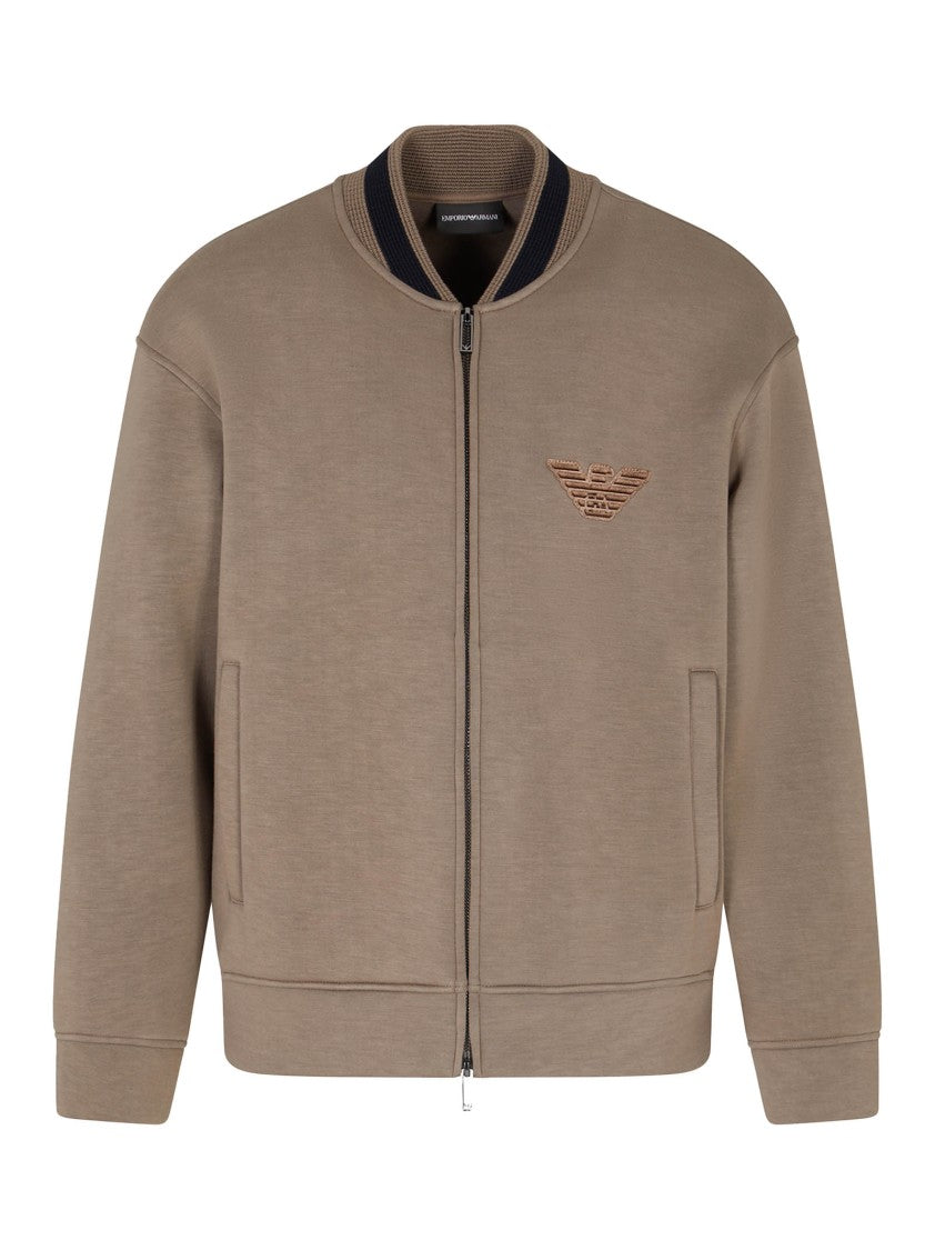 Emporio Armani Beige Modal Zip-Up Sweatshirt With Bomber Collar