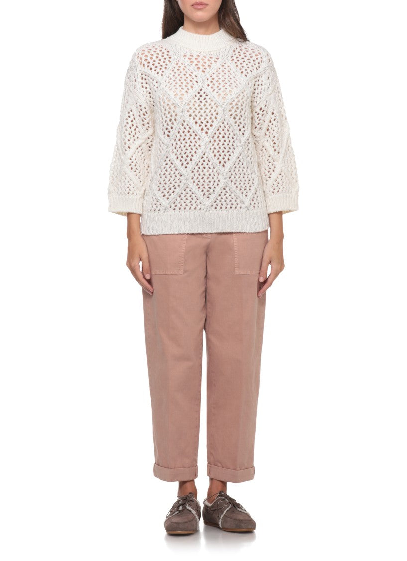 Peserico Perforated White Sweater With Beaded Details And Ribbed Finishing