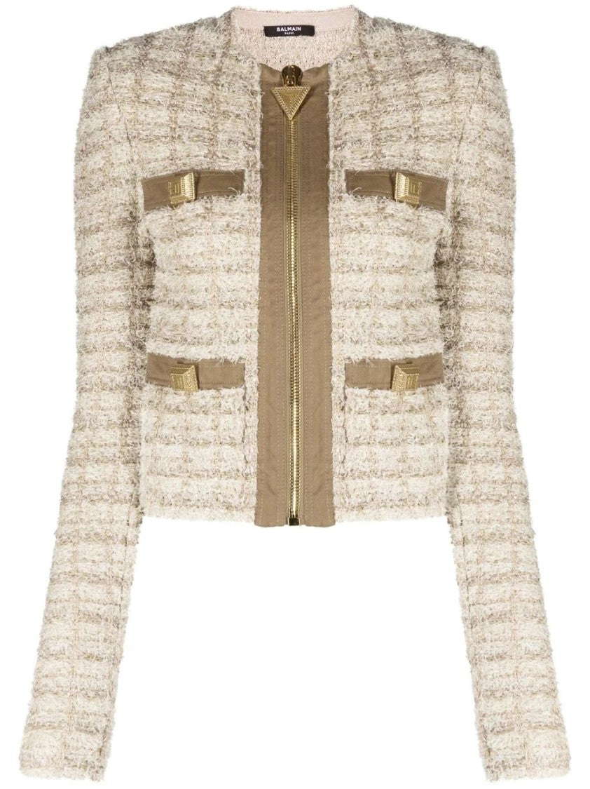 Balmain Cropped Collarless Blazer With Textured Finish