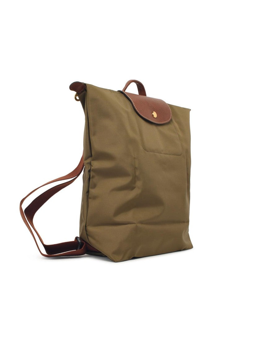 Longchamp Compact Olive Tela Backpack With Leather Flap And Adjustable Straps