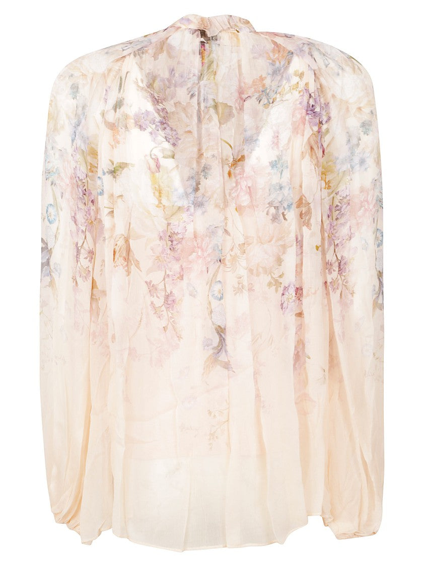 Zimmermann Ethereal Floral Print Sheer Blouse With Gathered Neckline